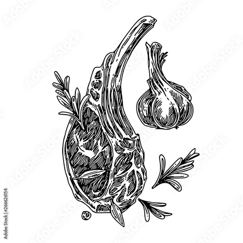 Appetizing fresh steak with rosemary leaves and garlic. Sketch. Engraving style. Vector illustration.