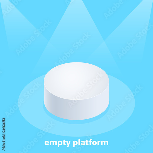 isometric vector image on a bare background, empty round platform under the light of searchlights, a pedestal for advertising