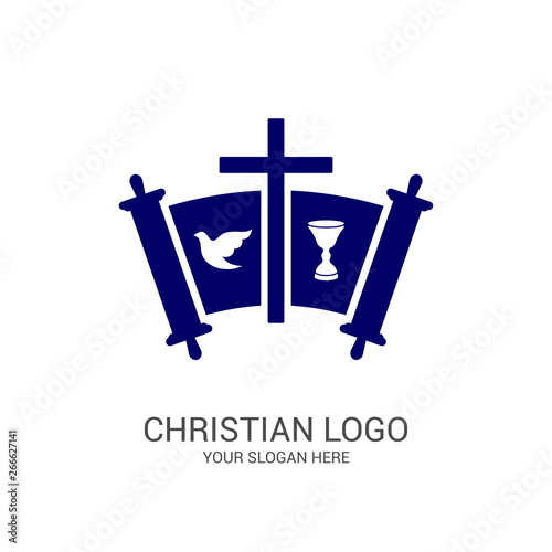 Church logo and biblical symbols. The unity of believers in Jesus Christ, the worship of God, participation in the evening of the Lord and the reading of the Holy Scriptures.