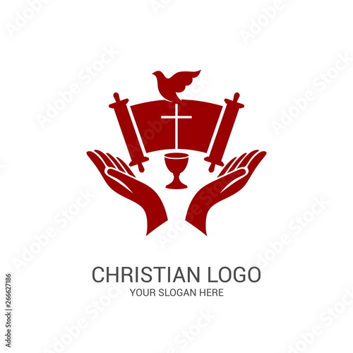 Church logo and biblical symbols. The unity of believers in Jesus Christ, the worship of God, participation in the evening of the Lord and the reading of the Holy Scriptures.