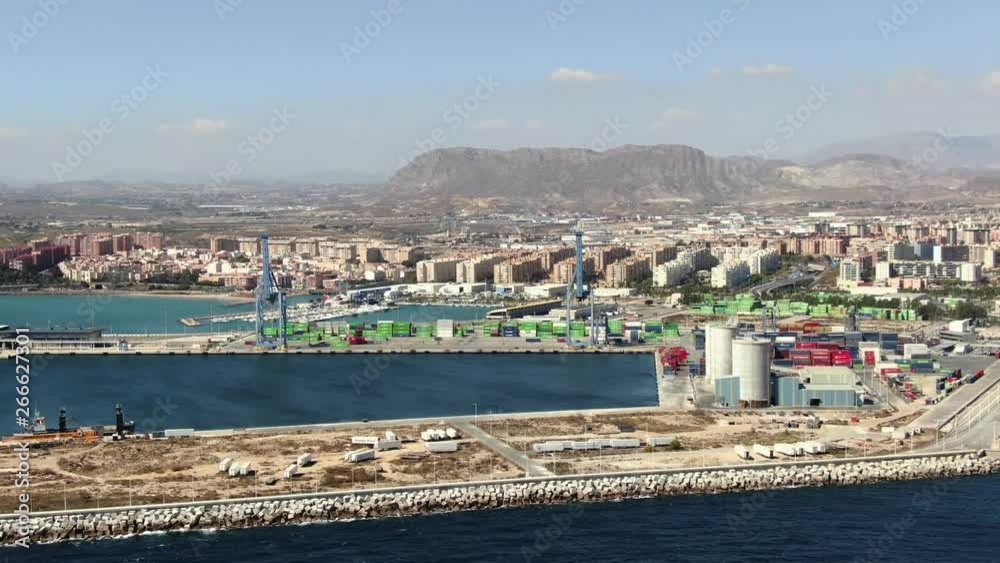 Protected logistics sea port network infrastructure of Alicante Spain, drone shot Protected logistics sea port network infrastructure of Alicante Spain, drone shot