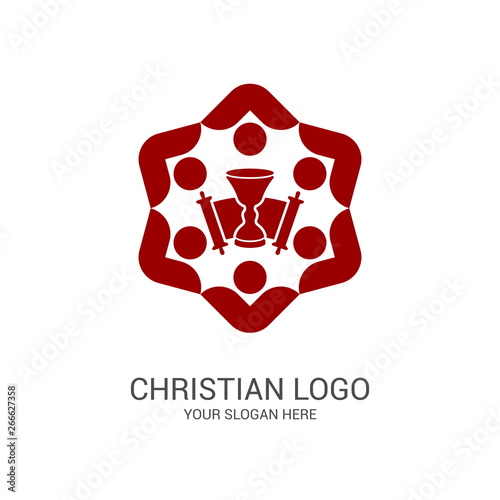 Church logo and biblical symbols. The unity of believers in Jesus Christ, the worship of God, participation in the evening of the Lord and the reading of the Holy Scriptures.