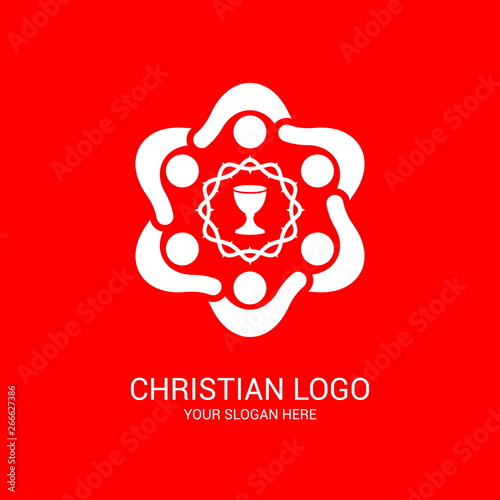 Church logo and biblical symbols. The unity of believers in Jesus Christ, the worship of God, participation in the evening of the Lord and the reading of the Holy Scriptures.