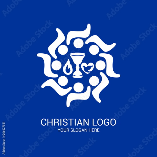 Church logo and biblical symbols. The unity of believers in Jesus Christ, the worship of God, participation in the evening of the Lord and the reading of the Holy Scriptures.