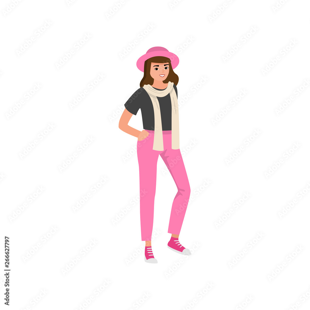Cute fashion young girl in pink pants and hat Cute fashion young girl in pink pants and hat