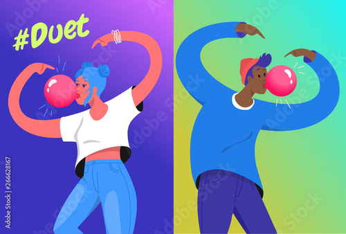 Hashtag duet challenge concept vector illustration of two young teenagers blowing a big bubble gum
