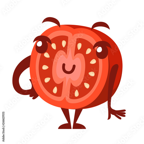 Slice of tomato. Smiling food mascot. Cartoon character design. Flat vector illustration isolated on white background