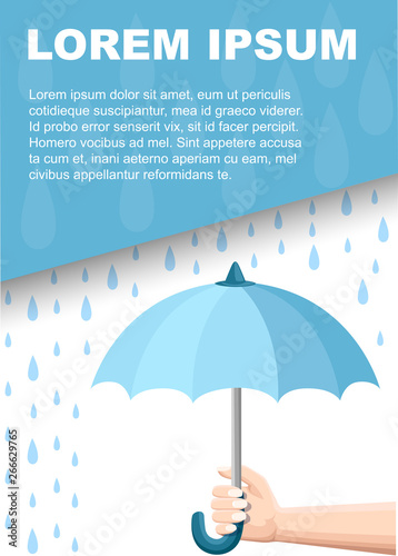 Hand holds blue umbrella on rainy day. Water drops, small rain. Flat vector illustration on white background. Place for text. Advertising flyer or greetings card design