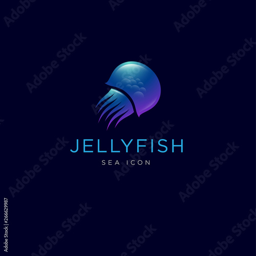 Jellyfish logo. Beautiful jellyfish on a dark background with letters. Sea symbol. UI icon.