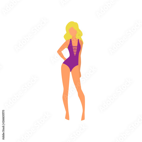 Cute fashion violet swimsuit at sexy blonde girl