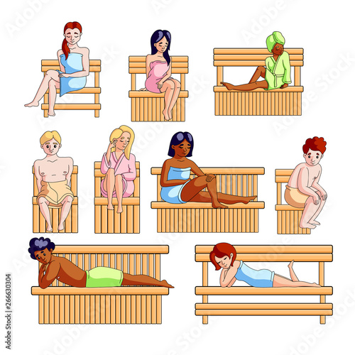 Set of different people, woman and man in wood sauna