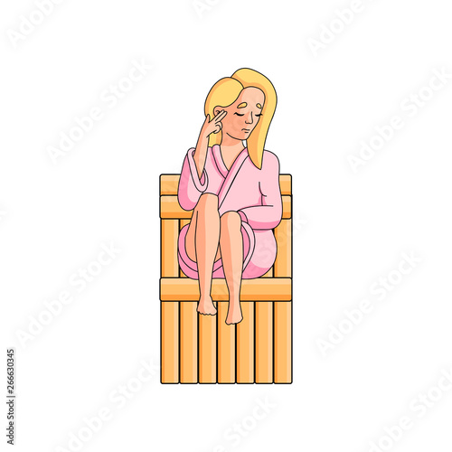 Cute blonde girl sit in hot wood sauna in pink clothes