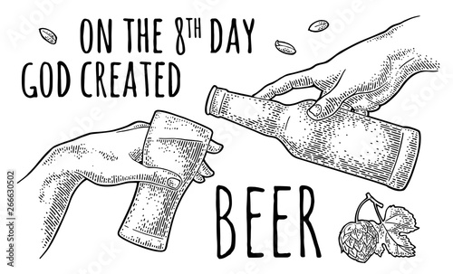Male finger pouring beer from bottle into glass. The Creation of Adam.