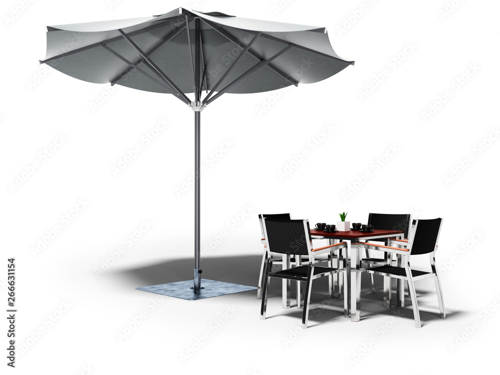 Concept cafe. Beach umbrella and table with chairs 3d render on white background with shadow Concept cafe. Beach umbrella and table with chairs 3d render on white background with shadow