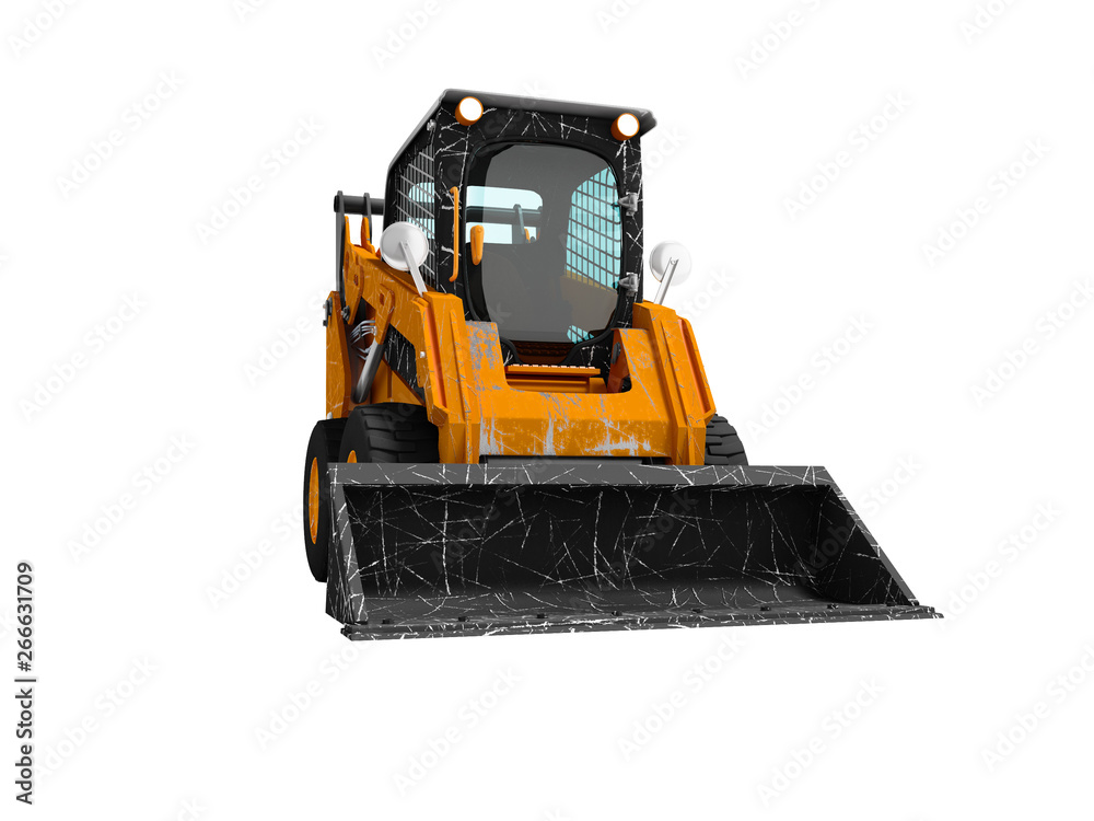 Fototapeta premium Old mini excavator with scratches on the body with bucket in front 3d render on white background no shadow