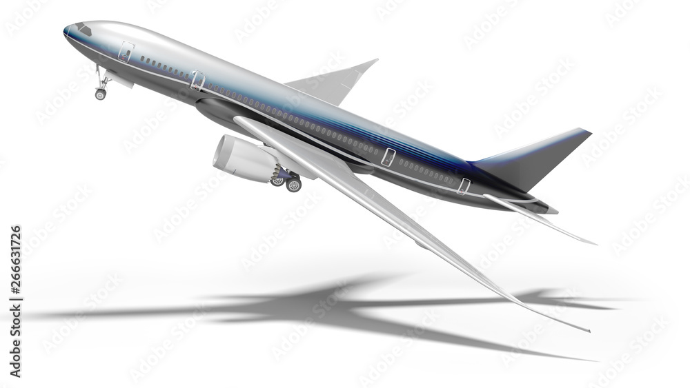 Passenger plane takes off side view 3d render on white background with shadow