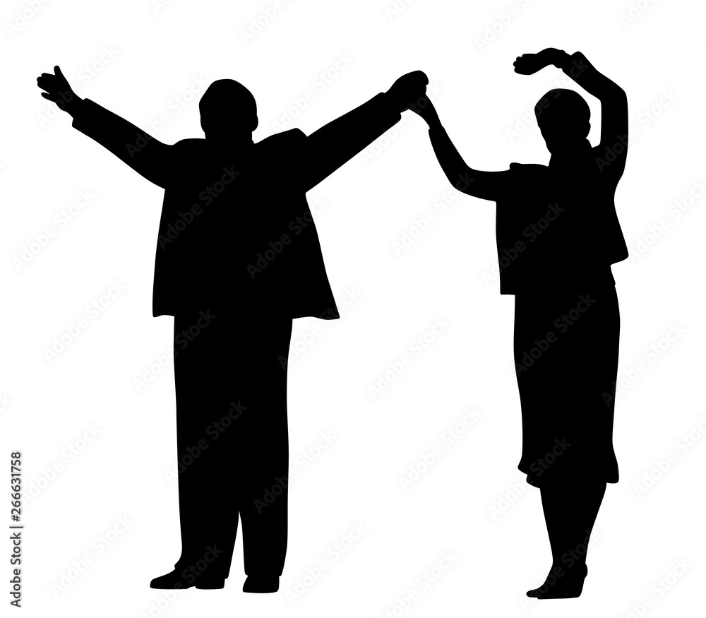 Successful business partners or leader politicians, husband and wife standing on stage, waving raised hands and greeting people