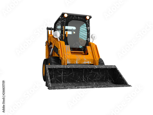 Old mini excavator with scratches on the body with bucket in front 3d render on white background no shadow