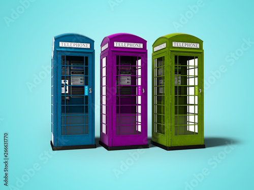 Three telephone booths for talking for money 3d render on blue background with shadow