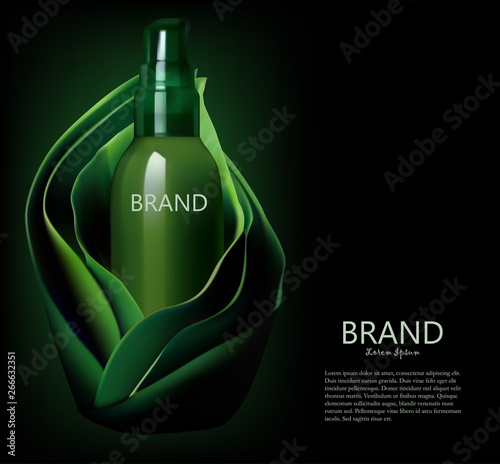 Mockup of cosmetic bottle   package  in a green leaves background. Concept of natural beauty product