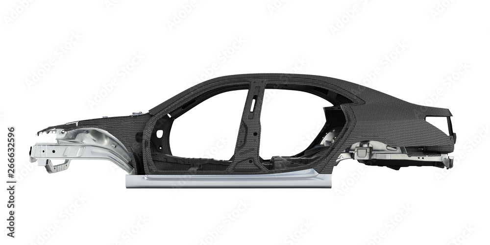 Carbon body car with metal elements isolated on white background 3d illustration side view without shadow Carbon body car with metal elements isolated on white background 3d illustration side view without shadow