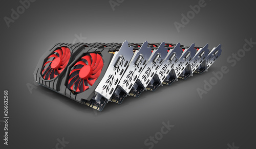 Video Graphic cards GPU laid out in a row isolated on black gradient background 3d render