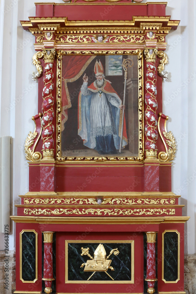 Autel baroque latŽral gauche : peinture reprŽsentant Saint-Martin, Žvque de Tours. Eglise Saint-Nicolas de VŽroce...