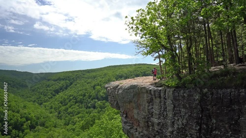 Tourist visitors family taking selfie picture at Whitaker Point rock cliff hiking trail, landscape view, Ozark mountains, nwa northwest arkansas
