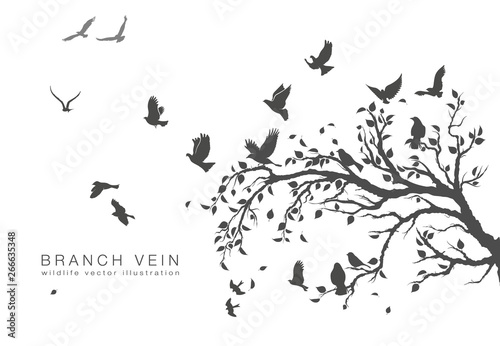 figure flock of flying birds on tree branch