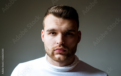 Hairstyle barber. Man bearded macho close up face. Barbershop concept. Beard grooming. Hipster style beard. Handsome bearded guy. Masculinity and beauty. Well groomed bearded man stylish appearance