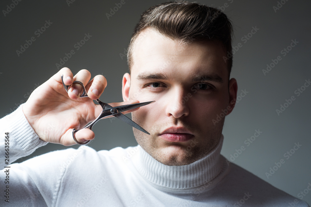 Create your style. Macho confident barber cut hair. Barbershop service  concept. Professional barber equipment. Cut hair. Man strict face hold  scissors. Barber glossy hairstyle hold steel scissors Stock Photo | Adobe  Stock
