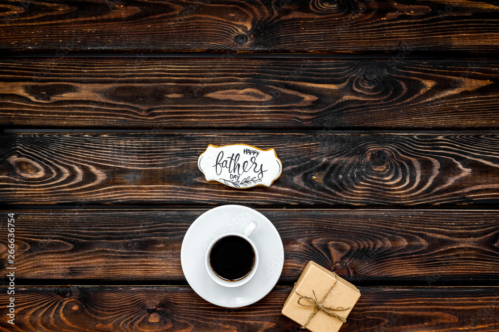 Fototapeta Happy Father Day with gift and coffee on wooden background top view mockup