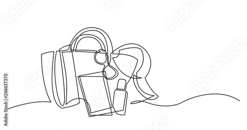 continuous line drawing of bag with sunscreen lotion towel hat and ticket on sand beach