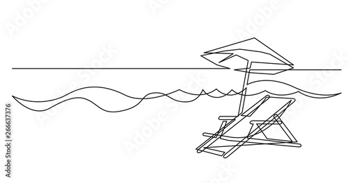 continuous line drawing of beach chair and umbrella near sea waves