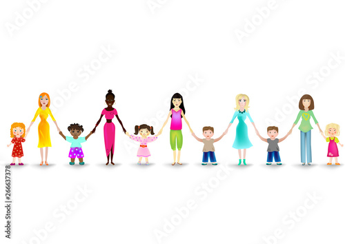 Moms of different ethnicities with their children on a white background. Mothers Day card. 