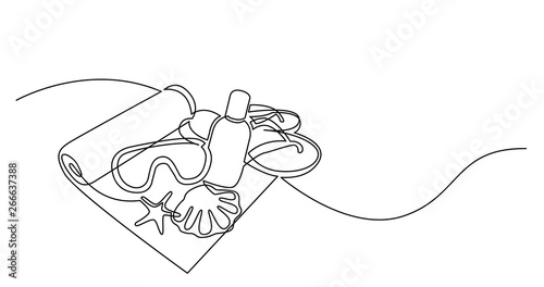 continuous line drawing of beach towel sunscreen lotion swimming googles flip flops on sand beach