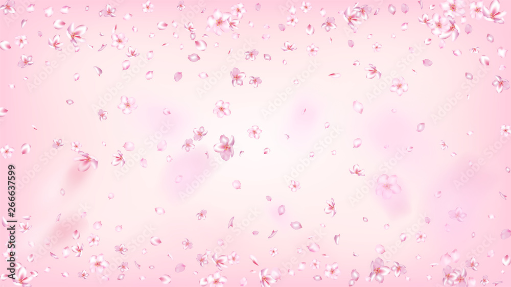 Nice Sakura Blossom Isolated Vector. Pastel Flying 3d Petals Wedding Pattern. Japanese Gradient Flowers Illustration. Valentine, Mother's Day Beautiful Nice Sakura Blossom Isolated on Rose