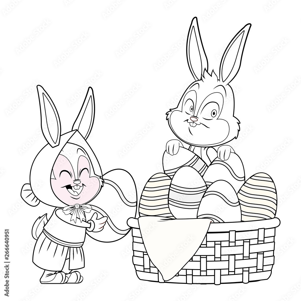 Cute easter bunny happy friends black and white Cute easter bunny happy friends black and white