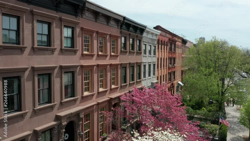 alt descending into flowering front yards of brownstones in Carroll Gardens Brooklyn alt descending into flowering front yards of brownstones in Carroll Gardens Brooklyn