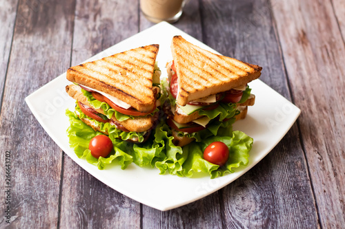 Sandwich with cheese, tomato, cucumber, sausage and salad on wooden background. Horizontal orientation