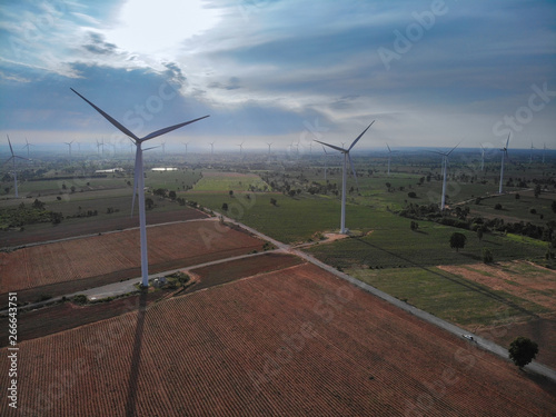 Aerial view Wind turbines used to generate electricity With the atmosphere of the cloudy days.