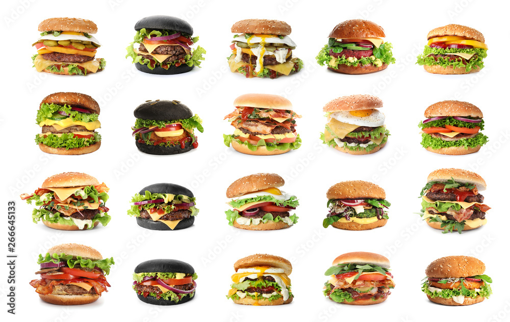 Set of delicious burgers on white background - obrazy, fototapety, plakaty 