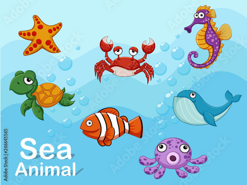 Cute cartoon sea animals underwater. Vector illustration set of collection sea creatures