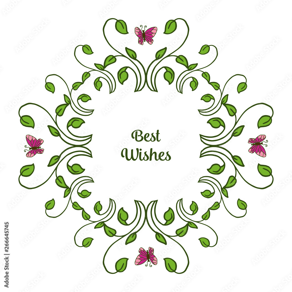Vector illustration writing best wishes for abstract leaf flower frame with purple butterflies