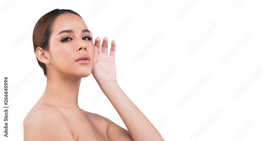 Beautiful Clean Skin Asian Woman straight black hair hands arms fingers face pose open shoulder smile, studio lighting white background copy space, advertising skincare product aesthetics treatment Beautiful Clean Skin Asian Woman straight black hair hands arms fingers face pose open shoulder smile, studio lighting white background copy space, advertising skincare product aesthetics treatment
