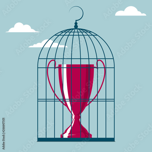 Trophy is in a bird cage. Isolated on blue background.