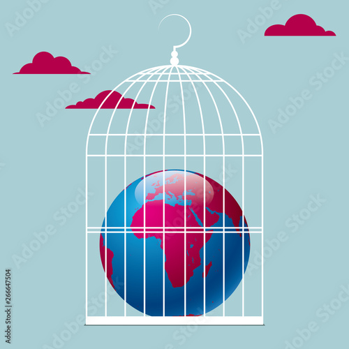 Billede på lærred The earth is in a bird cage. Isolated on blue background.