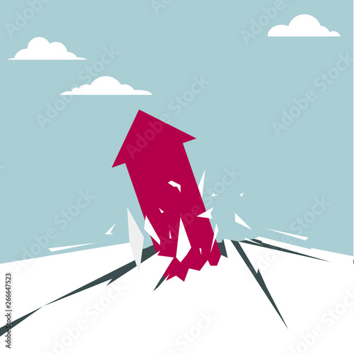 The arrow symbol breaks through the ground. Isolated on blue background.