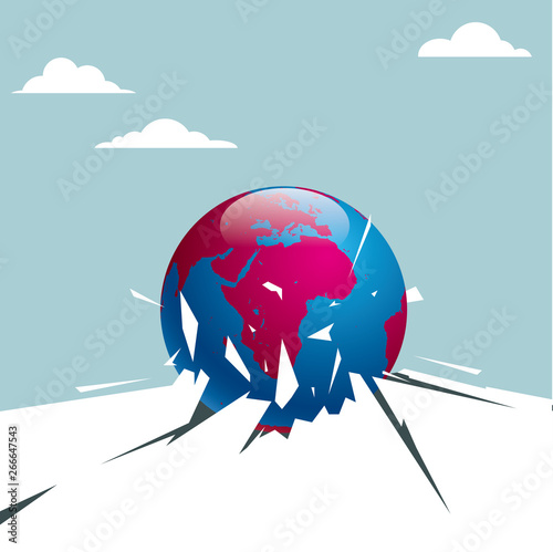 The earth breaks through the ground. Isolated on blue background.