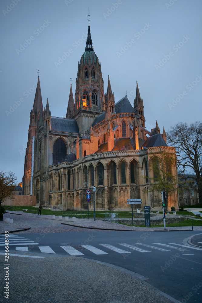 Medieval cathedral at dusk as the lights 